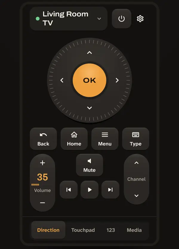 Allroom remote screen with arrow pad, OK button, volume and channel controls