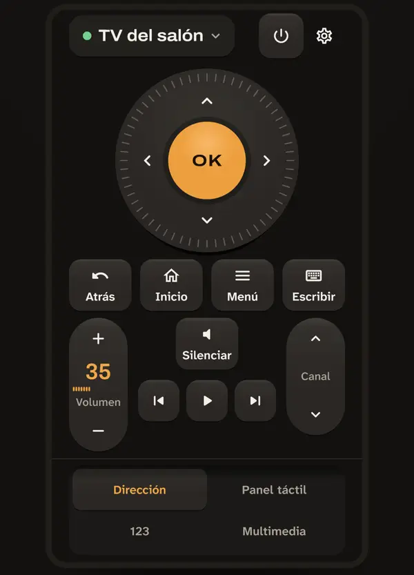 Pantalla del mando de Allroom: cruceta con botón OK, volumen y canal