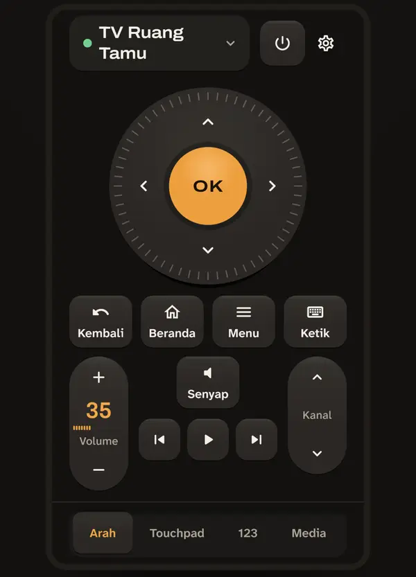 Layar remote Allroom: tombol arah dengan OK, volume, dan saluran