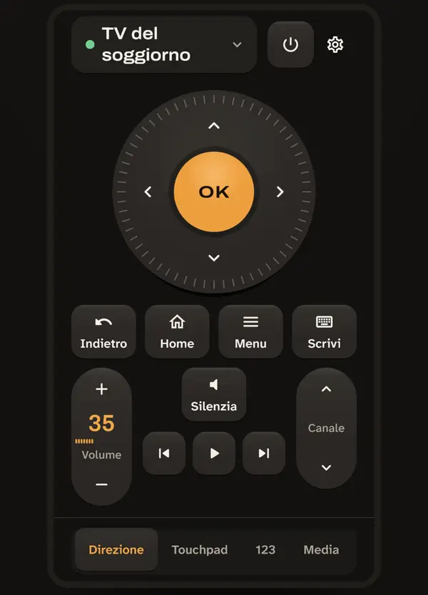 Schermata del telecomando Allroom: frecce con tasto OK, volume e canale