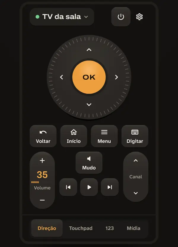 Tela do controle remoto do Allroom: direcional com botão OK, volume e canal